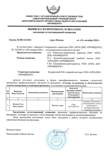 Выписка из протокола № ПО-2110/01 от 21.10.2020 — аттестация слесаря по системам вентиляции